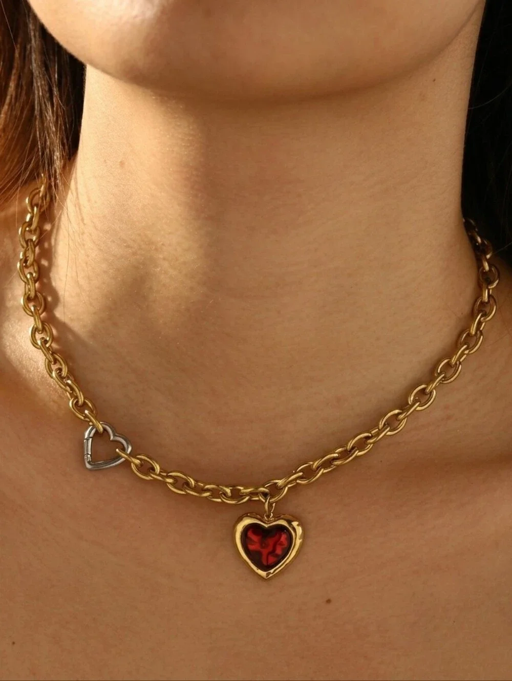 Gold Chunky Chain Necklace with Red Heart Pendant & Heart Carabiner Clasp